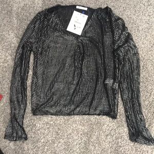 NWT Zara Silver Netted Long Sleeve Blouse Top Sz S
